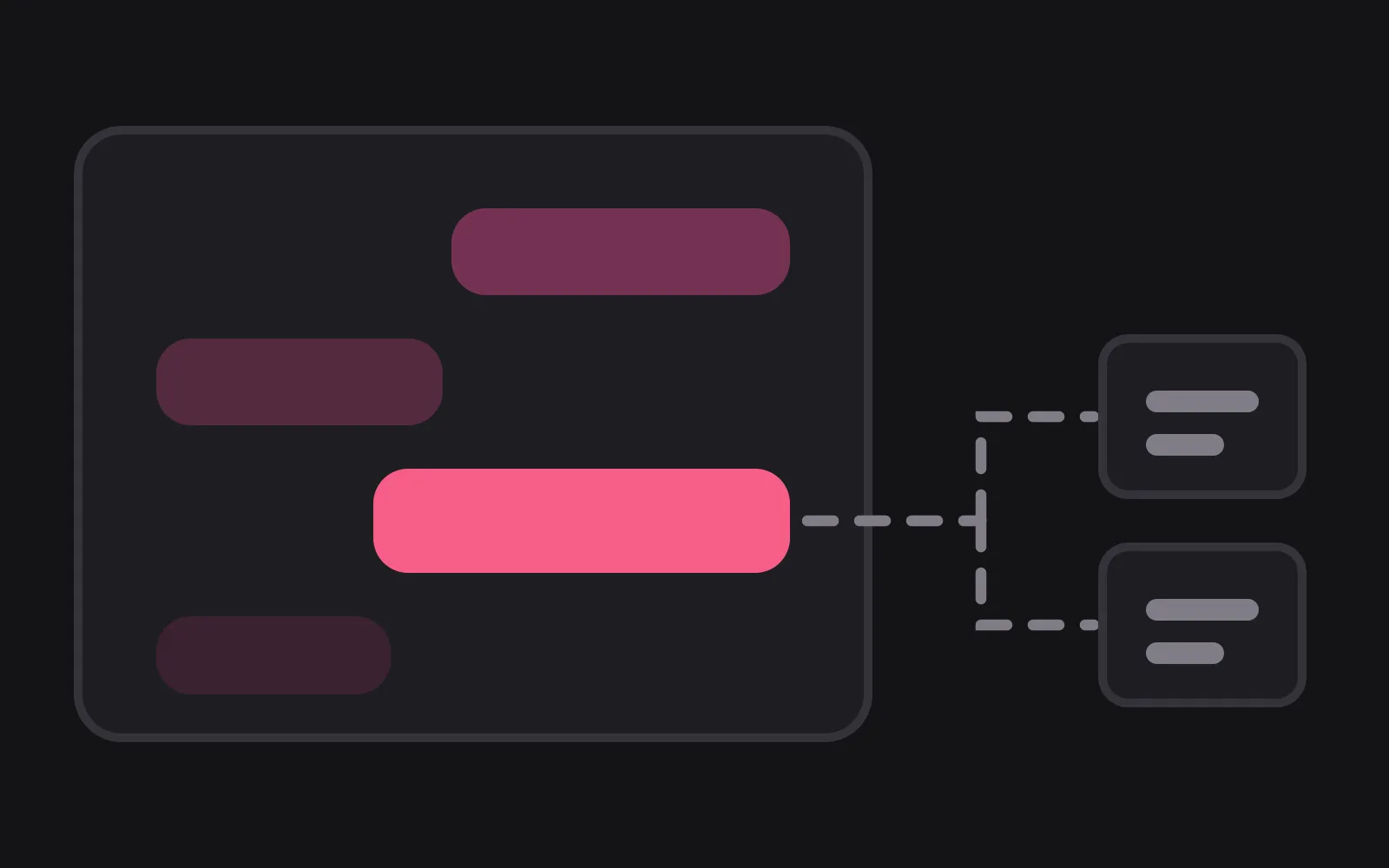 A dark panel of chat bubbles with one deep pink bubble sending a dashed line out of the panel, branching to two small record cards outside it