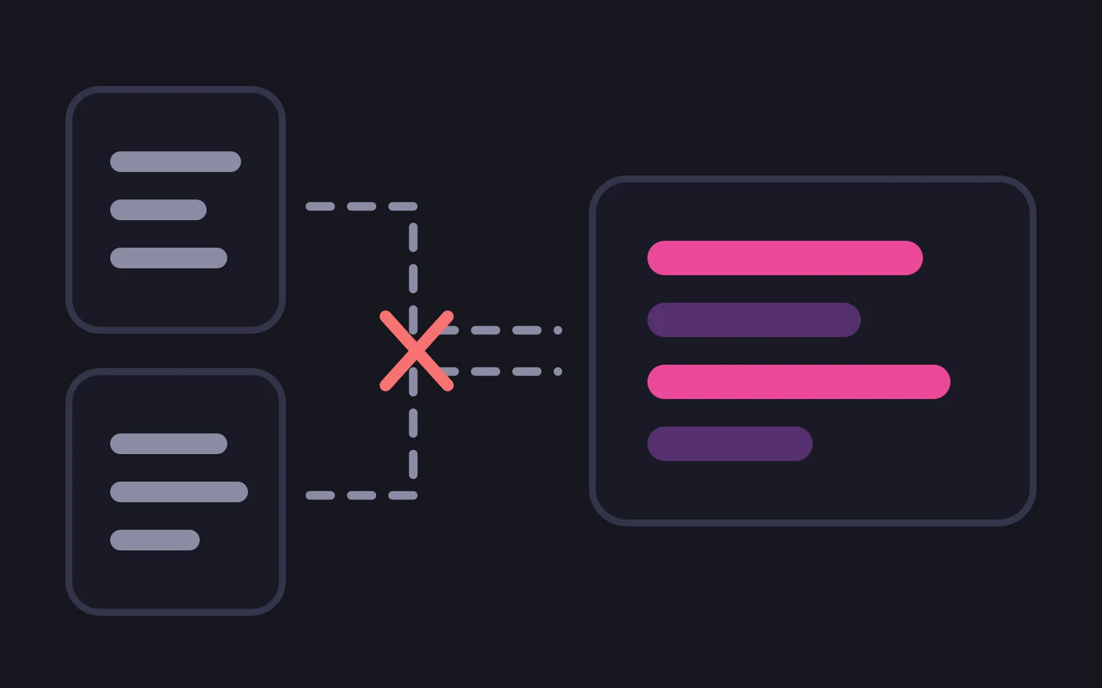Two phone frames on the left sending dashed paths into one memory panel on the right, the paths crossing at a red mark, and the panel filled with alternating pale and deep pink rows