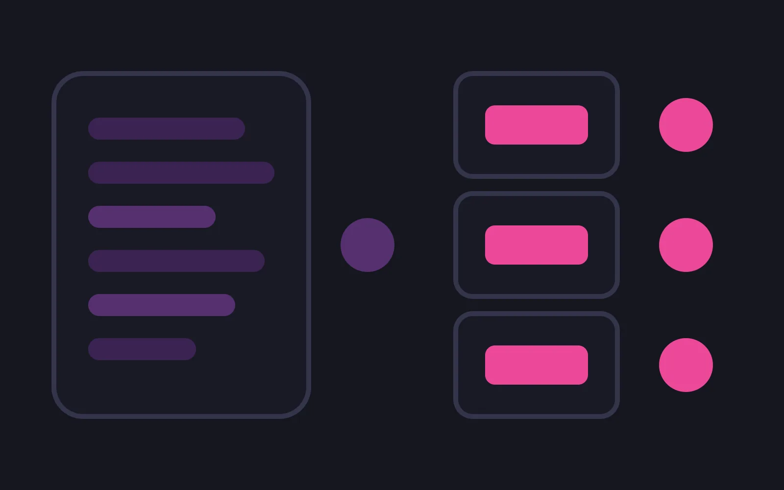 A tall panel of stacked message rows on the left with one pale coin beside it, and on the right three small picture frames each paired with its own deep pink coin