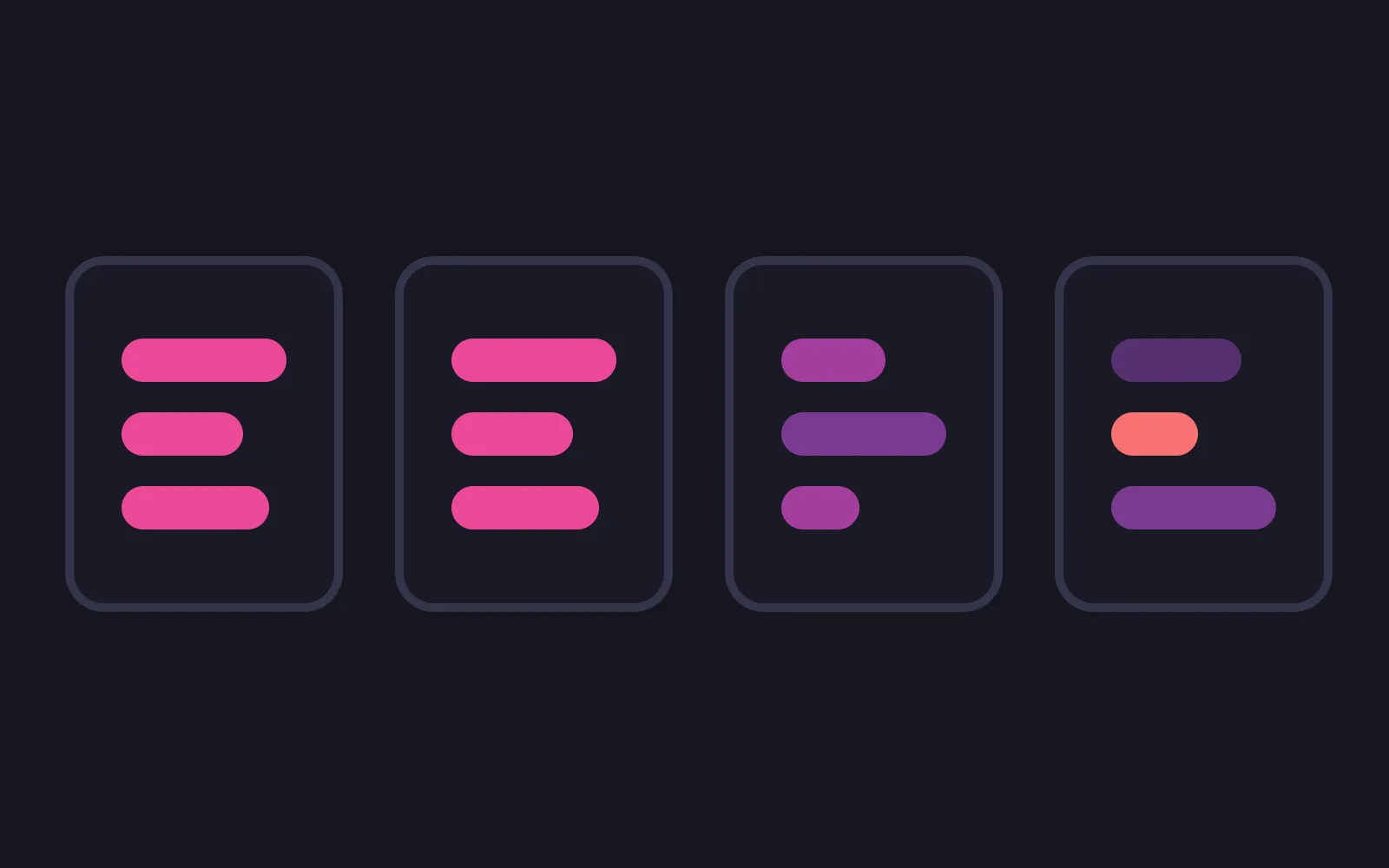 Four upright frames in a row, each holding three stacked bars; the first two frames hold identical deep pink bar patterns, the third holds paler bars at different widths, and the fourth holds a pattern with one red bar