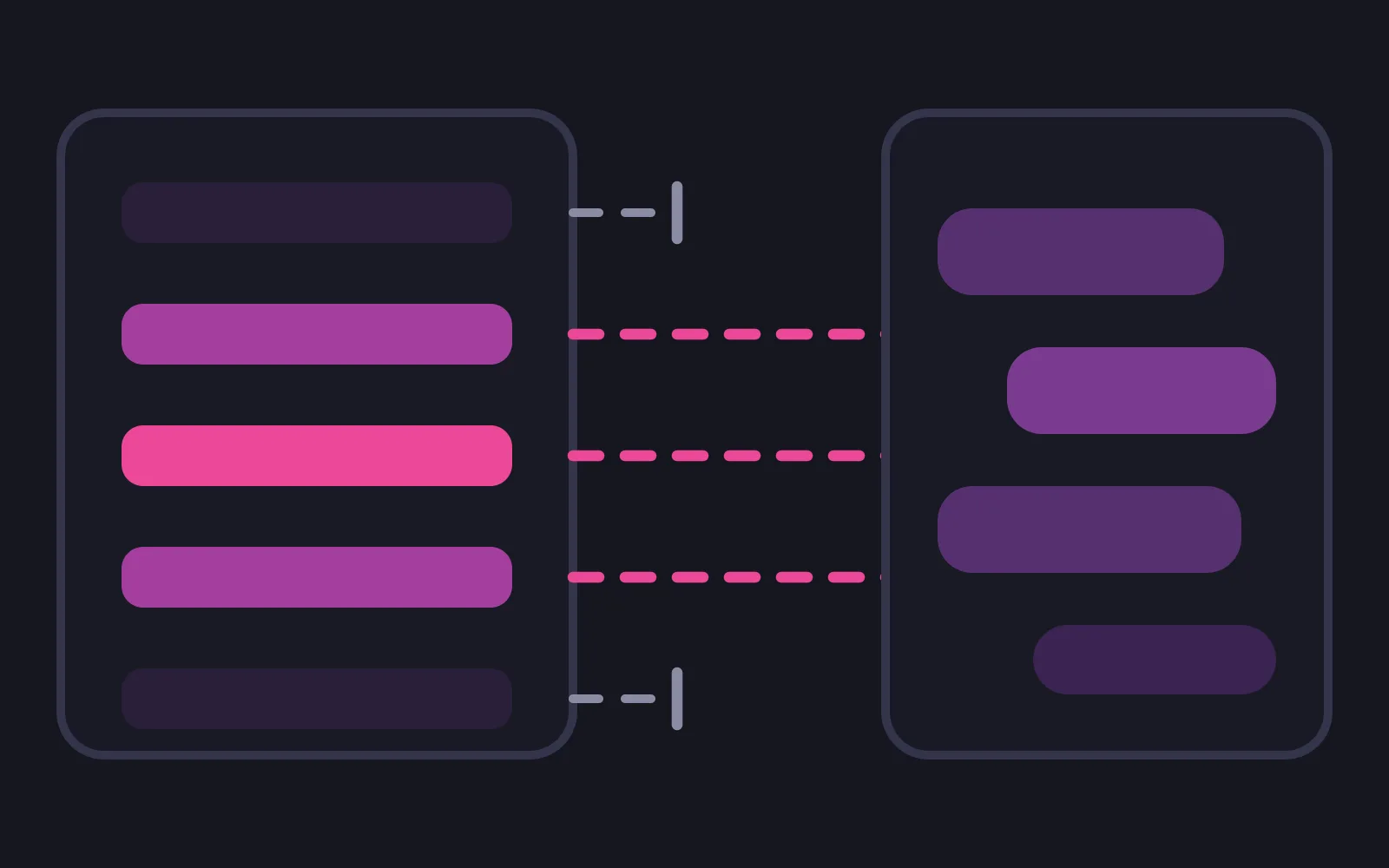 A form panel of five field rows on the left, three of them filled deep pink with dashed lines running across to a panel of chat bubbles, the other two pale with short muted lines that stop at a bar