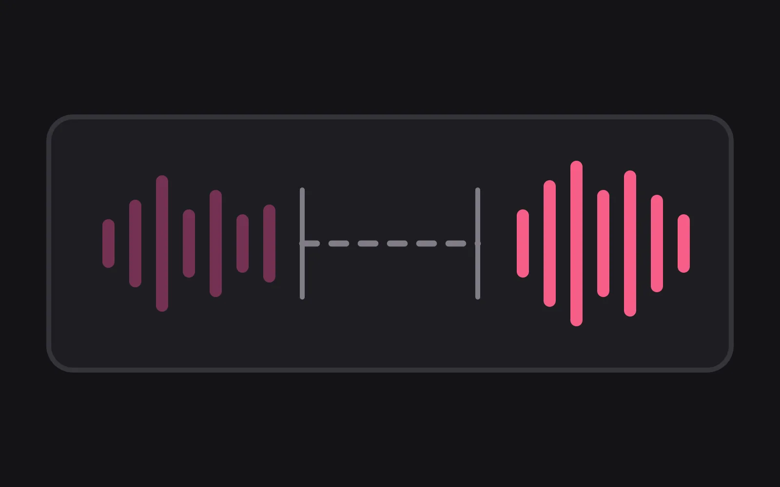 A single time line inside a dark panel: a short muted waveform, then a wide dashed gap marked with a tick at each end, then the reply waveform in deep pink