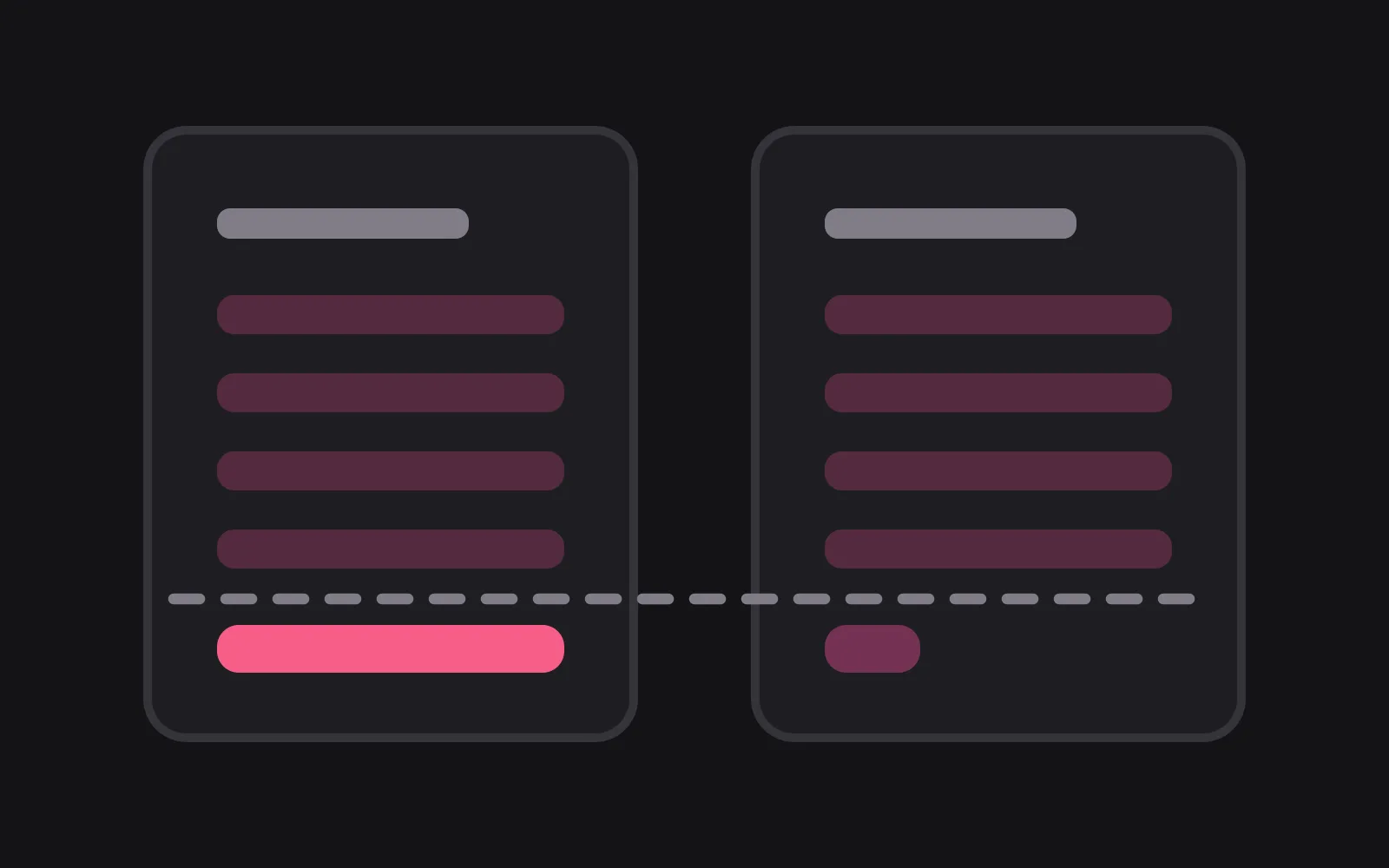 Two app cards side by side with four identical pale feature rows each, and a fifth row where one card's bar is long and deep pink while the other's is a short stub